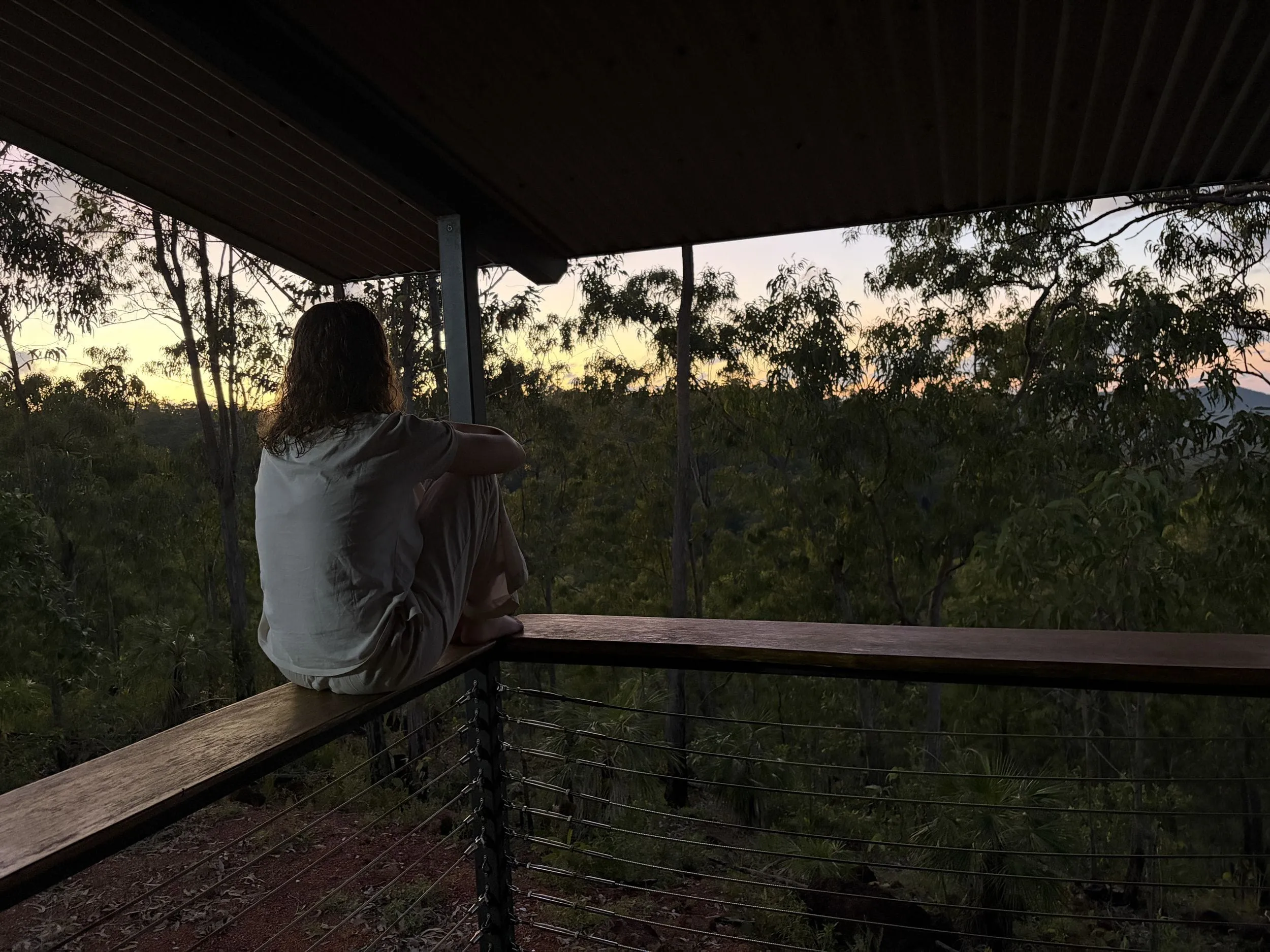 Sunset from a verandah: a figure sits on the railing watching the light fade over the bush